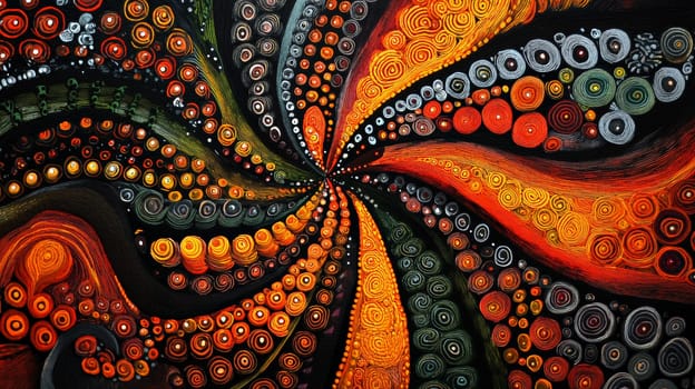 vibrant depiction of Dreamtime tales captured in intricate Aboriginal art. This artwork uses traditional dot patterns, bold colors, and symbolic forms to narrate ancient stories from Indigenous Australian culture, celebrating a deep connection with nature and spirituality.