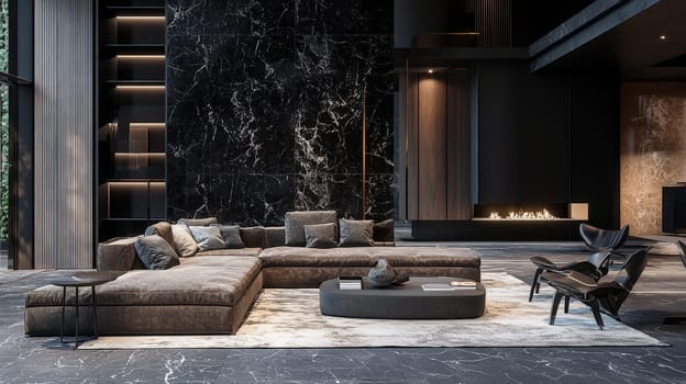 A sleek, modern living room interior featuring minimalist furniture, clean lines, and a neutral color palette. The space exudes sophistication and comfort, with natural lighting accentuating the refined decor and carefully selected furnishings.