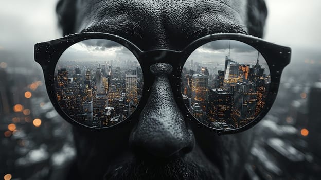 A pair of work glasses perched on the edge of a building offers a striking contrast between the black-and-white, blurred surroundings and the vivid, colorful view of the city through the lenses. The photo emphasizes clarity and perspective, symbolizing focus amidst urban chaos, captured in hyper-realistic 4K quality.