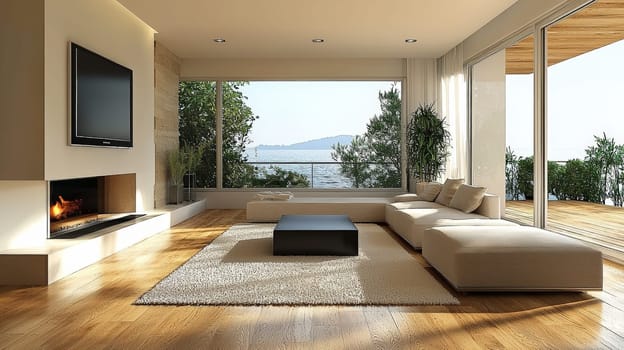 A sleek, modern living room interior featuring minimalist furniture, clean lines, and a neutral color palette. The space exudes sophistication and comfort, with natural lighting accentuating the refined decor and carefully selected furnishings.