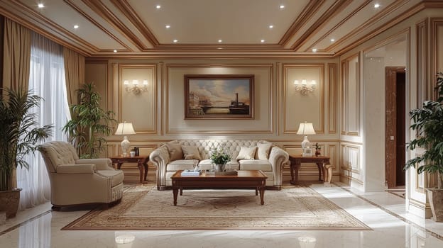 A sleek, modern living room interior featuring minimalist furniture, clean lines, and a neutral color palette. The space exudes sophistication and comfort, with natural lighting accentuating the refined decor and carefully selected furnishings.