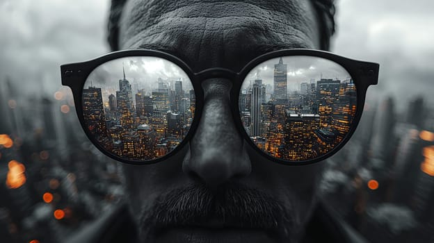 A pair of work glasses perched on the edge of a building offers a striking contrast between the black-and-white, blurred surroundings and the vivid, colorful view of the city through the lenses. The photo emphasizes clarity and perspective, symbolizing focus amidst urban chaos, captured in hyper-realistic 4K quality.