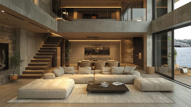 A sleek, modern living room interior featuring minimalist furniture, clean lines, and a neutral color palette. The space exudes sophistication and comfort, with natural lighting accentuating the refined decor and carefully selected furnishings.