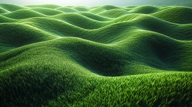 A hyper-detailed, high-contrast 3D rendering of abstract grass waves in green and gray tones. The symmetrical pattern of vertical lines mimics grass swaying gently in the breeze, evoking themes of growth and renewal, perfect for spring-inspired design projects or contemporary artwork.