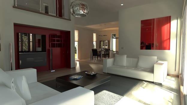 A sleek, modern living room interior featuring minimalist furniture, clean lines, and a neutral color palette. The space exudes sophistication and comfort, with natural lighting accentuating the refined decor and carefully selected furnishings.