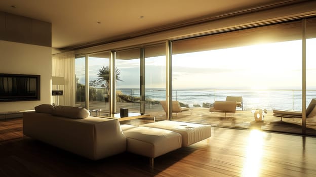 A sleek, modern living room interior featuring minimalist furniture, clean lines, and a neutral color palette. The space exudes sophistication and comfort, with natural lighting accentuating the refined decor and carefully selected furnishings.
