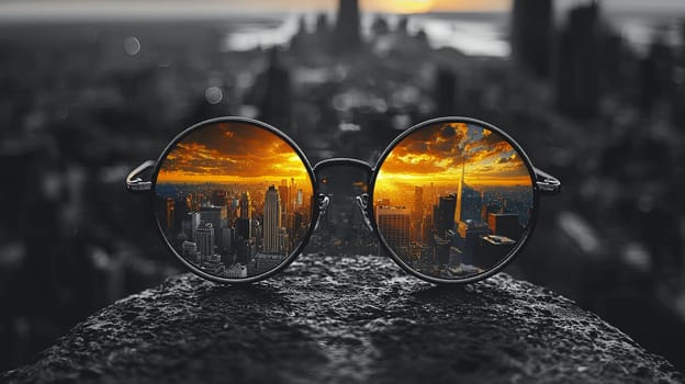 A pair of work glasses perched on the edge of a building offers a striking contrast between the black-and-white, blurred surroundings and the vivid, colorful view of the city through the lenses. The photo emphasizes clarity and perspective, symbolizing focus amidst urban chaos, captured in hyper-realistic 4K quality.