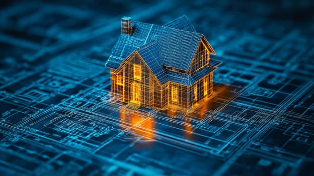 A highly detailed 3D rendering of an architectural house model, showcasing intricate design elements with blueprint overlays. This high-contrast image provides a visionary glimpse into modern architecture and planning, combining technical precision with artistic depth.