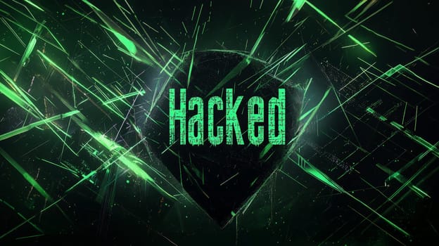 A dark, intense banner featuring an ominous shadow with puppet-like strings controlling the word "Hacked"" in bold, dark green coded lettering. The black and green algorithm background adds a digital, encrypted feel, emphasizing themes of cybersecurity and data breach."