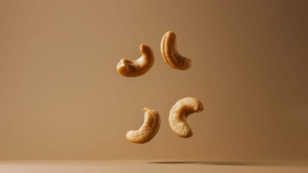 Minimalist shot of floating cashew in a minimalist brown composition