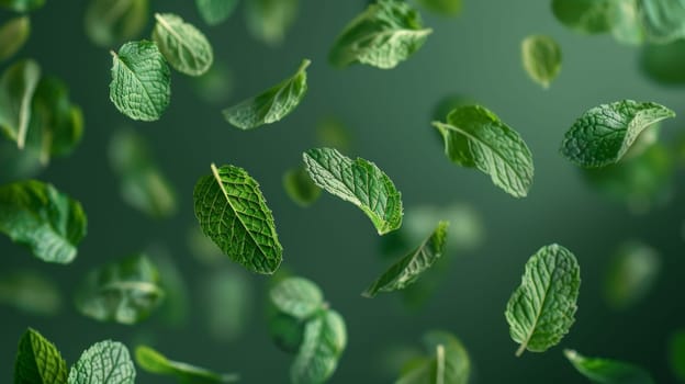 Minimalistic top-down view of floating mint leaves