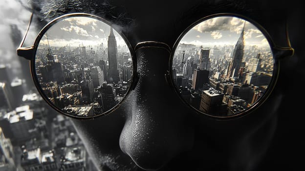 A pair of work glasses perched on the edge of a building offers a striking contrast between the black-and-white, blurred surroundings and the vivid, colorful view of the city through the lenses. The photo emphasizes clarity and perspective, symbolizing focus amidst urban chaos, captured in hyper-realistic 4K quality.