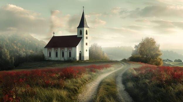Open area for words alongside an image of a Christian church in a rural landscape