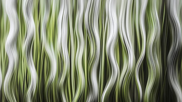 A hyper-detailed, high-contrast 3D rendering of abstract grass waves in green and gray tones. The symmetrical pattern of vertical lines mimics grass swaying gently in the breeze, evoking themes of growth and renewal, perfect for spring-inspired design projects or contemporary artwork.