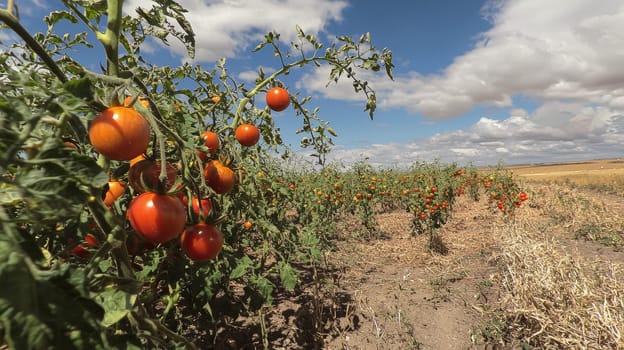 A vibrant photo of ripe, red tomatoes clustered on the vine, basking in natural sunlight within an open field. Grown without chemicals, these tomatoes showcase the purity of organic agriculture, emphasizing fresh, wholesome produce cultivated in harmony with nature.