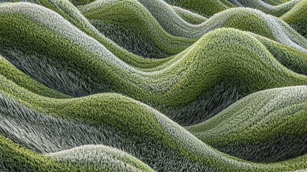 A hyper-detailed, high-contrast 3D rendering of abstract grass waves in green and gray tones. The symmetrical pattern of vertical lines mimics grass swaying gently in the breeze, evoking themes of growth and renewal, perfect for spring-inspired design projects or contemporary artwork.