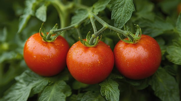 A vibrant photo of ripe, red tomatoes clustered on the vine, basking in natural sunlight within an open field. Grown without chemicals, these tomatoes showcase the purity of organic agriculture, emphasizing fresh, wholesome produce cultivated in harmony with nature.