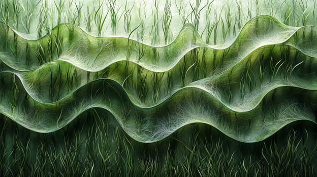 A hyper-detailed, high-contrast 3D rendering of abstract grass waves in green and gray tones. The symmetrical pattern of vertical lines mimics grass swaying gently in the breeze, evoking themes of growth and renewal, perfect for spring-inspired design projects or contemporary artwork.