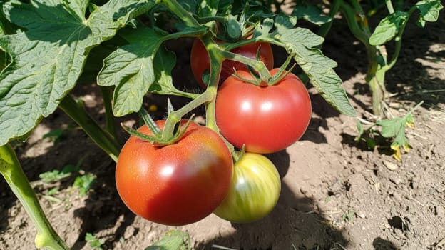 A vibrant photo of ripe, red tomatoes clustered on the vine, basking in natural sunlight within an open field. Grown without chemicals, these tomatoes showcase the purity of organic agriculture, emphasizing fresh, wholesome produce cultivated in harmony with nature.