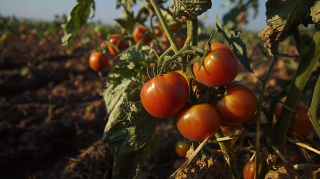 A vibrant photo of ripe, red tomatoes clustered on the vine, basking in natural sunlight within an open field. Grown without chemicals, these tomatoes showcase the purity of organic agriculture, emphasizing fresh, wholesome produce cultivated in harmony with nature.