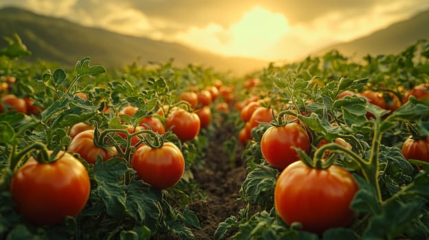 A vibrant photo of ripe, red tomatoes clustered on the vine, basking in natural sunlight within an open field. Grown without chemicals, these tomatoes showcase the purity of organic agriculture, emphasizing fresh, wholesome produce cultivated in harmony with nature.