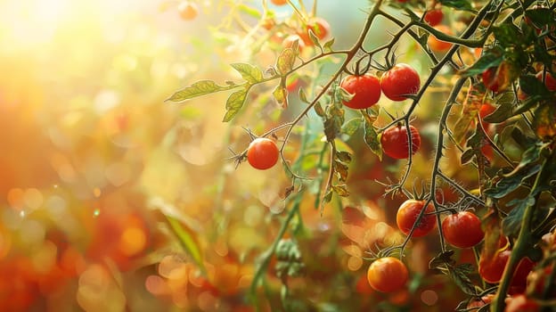 A vibrant photo of ripe, red tomatoes clustered on the vine, basking in natural sunlight within an open field. Grown without chemicals, these tomatoes showcase the purity of organic agriculture, emphasizing fresh, wholesome produce cultivated in harmony with nature.