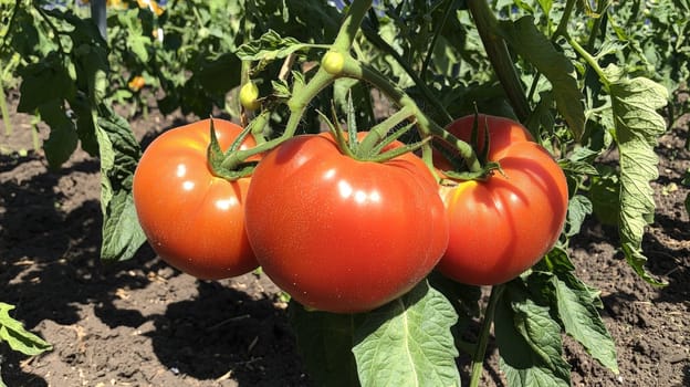 A vibrant photo of ripe, red tomatoes clustered on the vine, basking in natural sunlight within an open field. Grown without chemicals, these tomatoes showcase the purity of organic agriculture, emphasizing fresh, wholesome produce cultivated in harmony with nature.