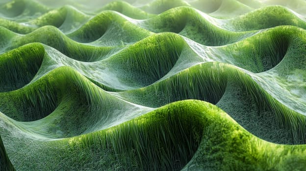 A hyper-detailed, high-contrast 3D rendering of abstract grass waves in green and gray tones. The symmetrical pattern of vertical lines mimics grass swaying gently in the breeze, evoking themes of growth and renewal, perfect for spring-inspired design projects or contemporary artwork.