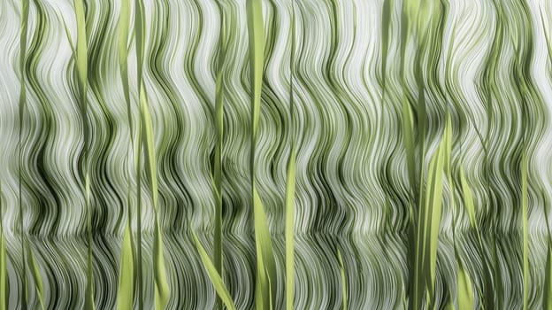 A hyper-detailed, high-contrast 3D rendering of abstract grass waves in green and gray tones. The symmetrical pattern of vertical lines mimics grass swaying gently in the breeze, evoking themes of growth and renewal, perfect for spring-inspired design projects or contemporary artwork.