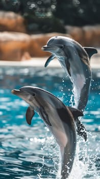 Playful baby dolphins leaping out of the water in graceful arcs, their sleek bodies glistening in the sunlight