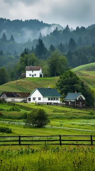 Quaint farmhouses surrounded by rolling hills