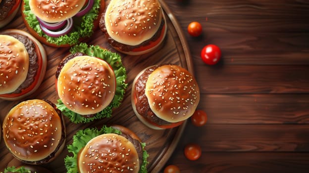 Rotating plate of gourmet burgers in a top-down perspective