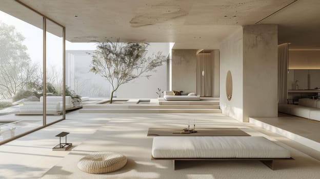 Serene minimalist living area with natural elements