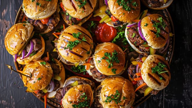 Rotating plate of gourmet sliders in a top-down perspective