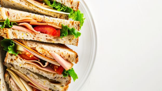 Rotating plate of sandwiches against a blank backdrop for text