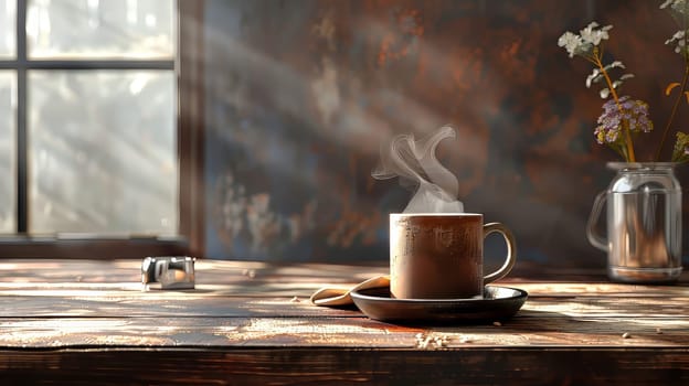 Serene scene with a steaming mug of coffee and space for your personal touch