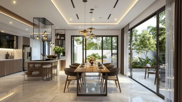 A large, open living room with a long dining table and chairs. The room is well-lit and has a modern, sophisticated feel