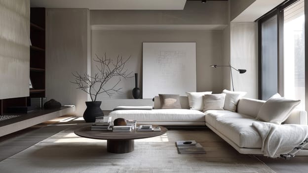 A living room with a white couch, a coffee table, and a vase with flowers on it. The room has a minimalist and clean look, with a focus on the white couch and the vase
