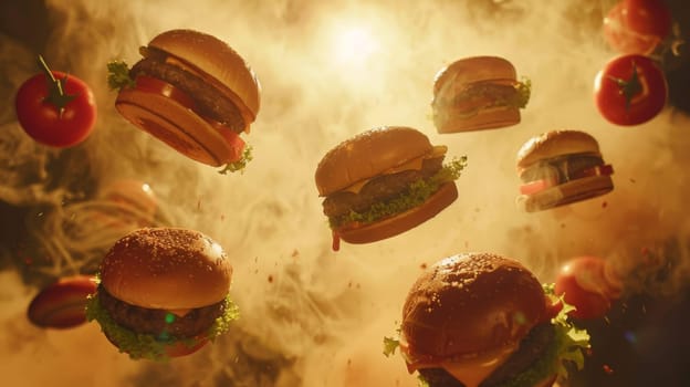 Silhouette of gourmet burgers spinning from above
