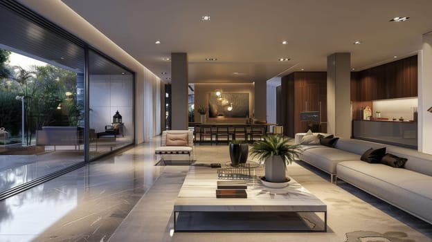 A large living room with a white couch, a coffee table, and a potted plant. The room has a modern and elegant design