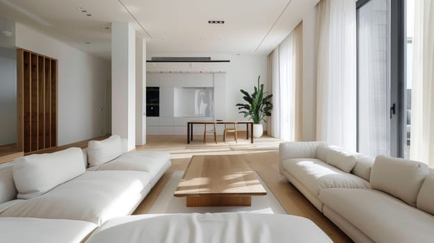 A large living room with white furniture and a wooden coffee table. The room is well lit and has a modern, minimalist design