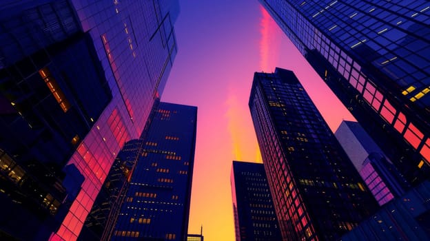 A city skyline at sunset with a purple sky. The buildings are tall and the sky is filled with clouds