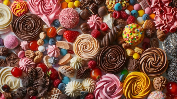 Spinning dessert toppings forming a mosaic, representing indulgence