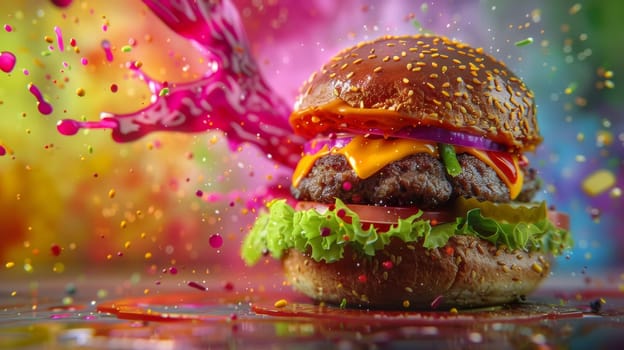 Spinning burger against a background of abstract color splashes