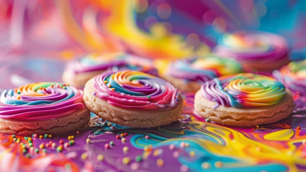 Spinning cookies against an abstract background of vibrant hues