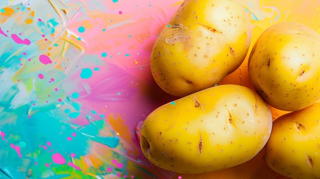 Spinning potatoes against an abstract background of vibrant hues