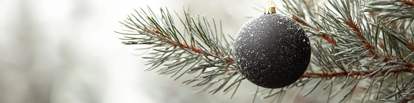 A refined close-up image of a glossy black Christmas ornament hanging on a lush green pine branch, set against a crisp white background. The minimal design offers a stylish, modern look, leaving space for text or branding, ideal for holiday promotions or seasonal messaging.