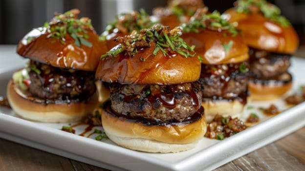 Spinning plate of gourmet sliders with toppings