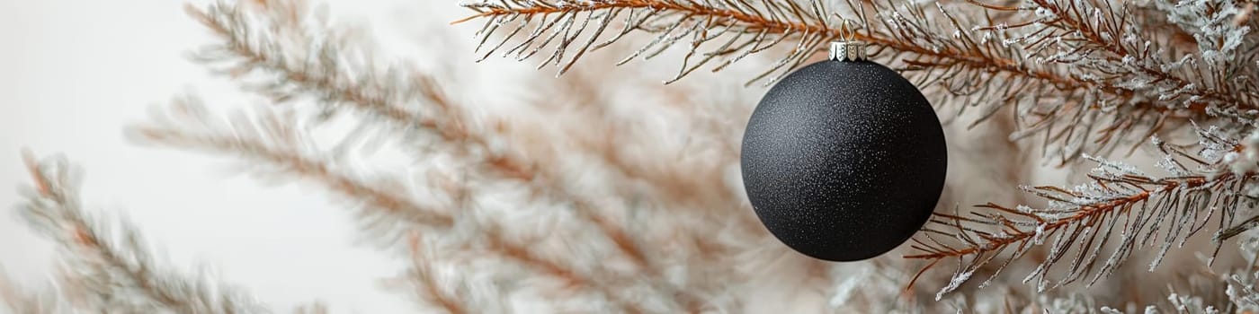 A refined close-up image of a glossy black Christmas ornament hanging on a lush green pine branch, set against a crisp white background. The minimal design offers a stylish, modern look, leaving space for text or branding, ideal for holiday promotions or seasonal messaging.