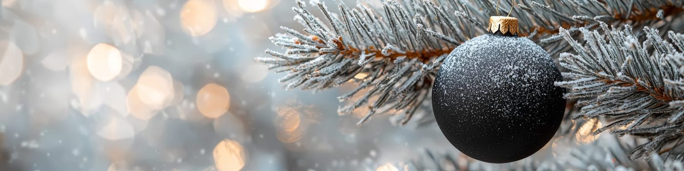 A refined close-up image of a glossy black Christmas ornament hanging on a lush green pine branch, set against a crisp white background. The minimal design offers a stylish, modern look, leaving space for text or branding, ideal for holiday promotions or seasonal messaging.